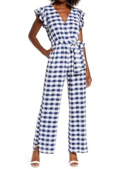 1901 Gingham Faux Wrap Jumpsuit in Navy- White Gingham at Nordstrom