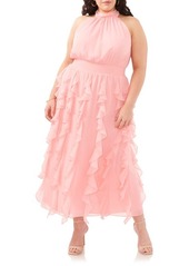 1.STATE Cascading Ruffle Mock Neck Maxi Dress