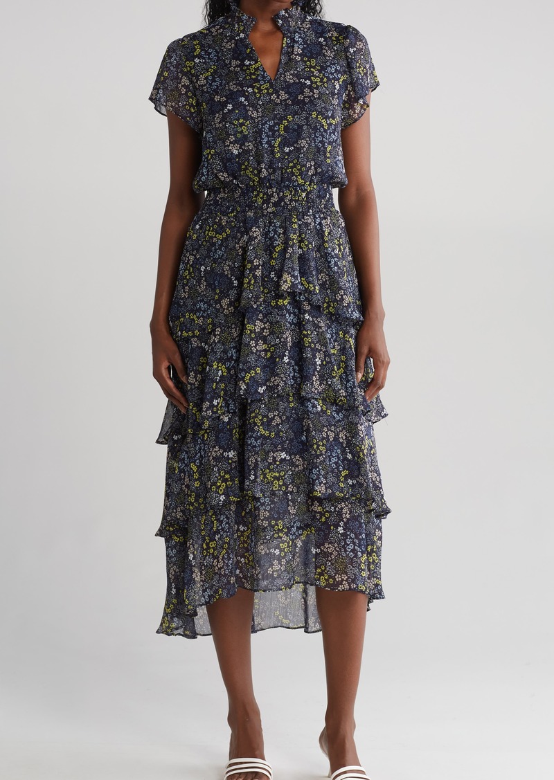1.STATE Floral Tiered High-Low Dress in Denim Blue/Yellow at Nordstrom Rack