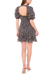 1.state Women's Bubble-Sleeve Back-Cutout Floral Mini Dress - Classic Navy