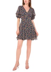 1.state Women's Bubble-Sleeve Back-Cutout Floral Mini Dress - Classic Navy