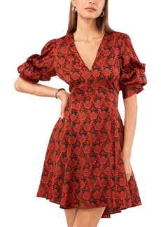 1.state Women's Printed V-Neck Tiered Bubble Puff Sleeve Mini Dress - Studio Red