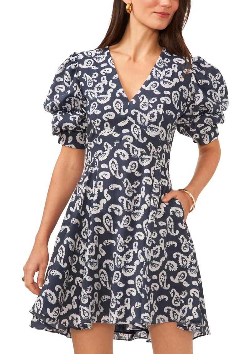 1.state Women's Paisley V-Neck Tiered Bubble Puff Sleeve Mini Dress - Tidal Navy