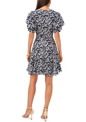 1.state Women's Paisley V-Neck Tiered Bubble Puff Sleeve Mini Dress - Tidal Navy