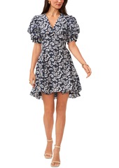 1.state Women's Paisley V-Neck Tiered Bubble Puff Sleeve Mini Dress - Tidal Navy