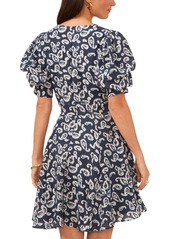 1.state Women's Paisley V-Neck Tiered Bubble Puff Sleeve Mini Dress - Tidal Navy