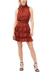 1.state Women's Printed Smocked Sleeveless Mock Neck Tiered Mini Dress - Studio Red