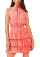 1.state Women's Printed Smocked Ruffled Sleeveless Fit & Flare Dress - Shell Pink