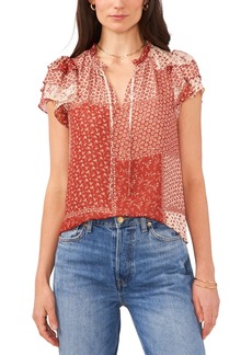 1.state Women's Printed Tie-Neck Flutter-Sleeve Top - Mahogany Red