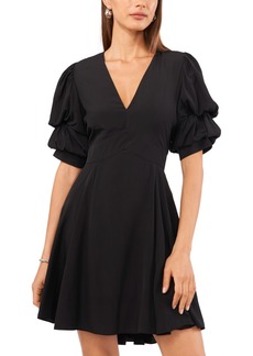 1.state Women's V-Neck Tiered Bubble Puff Sleeve Mini Dress - Rich Black
