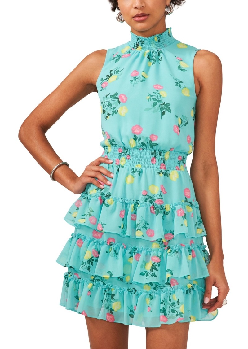 1.state Women's Floral Smocked Sleeveless Mock Neck Tiered Mini Dress - Ocean Teal