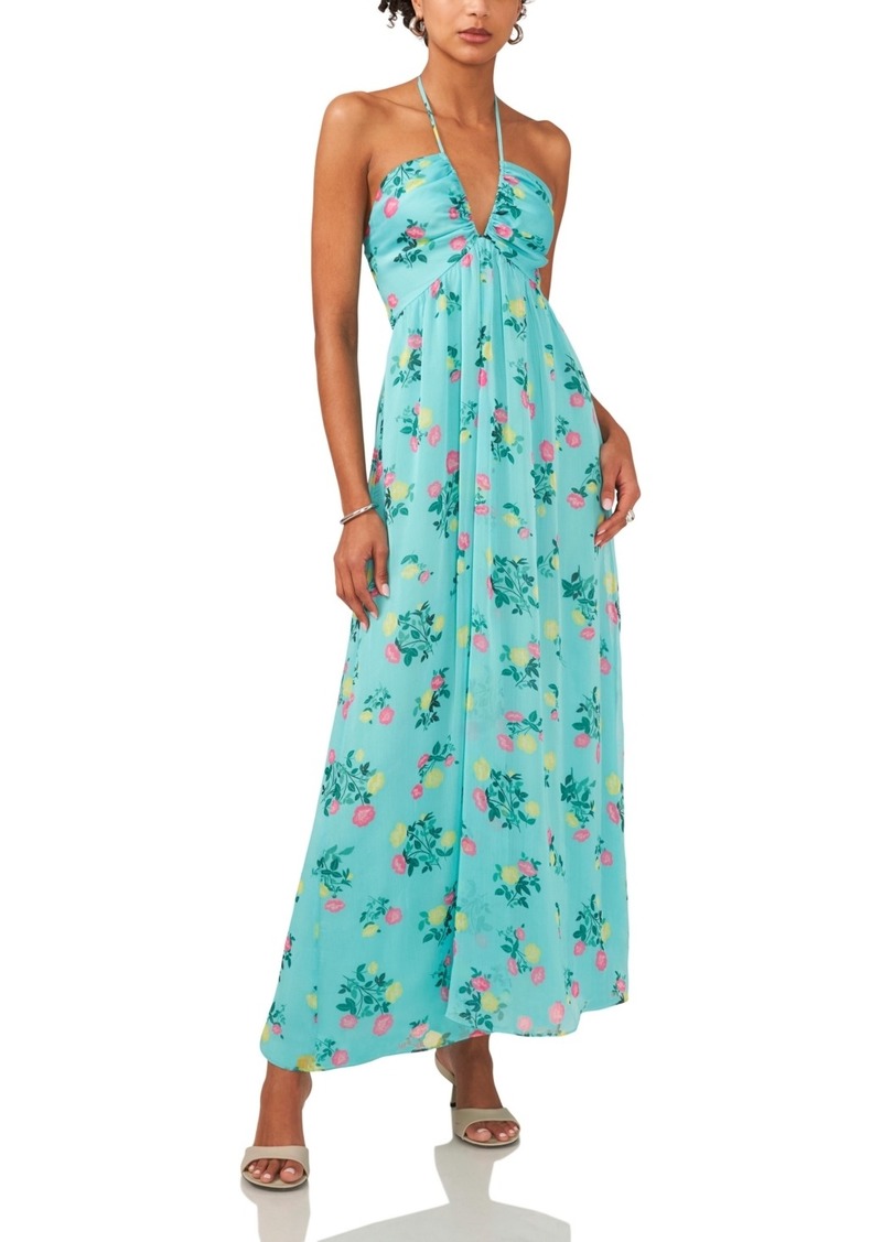 1.state Women's Tie Neck Halter Floral-Print Maxi Dress - Ocean Teal