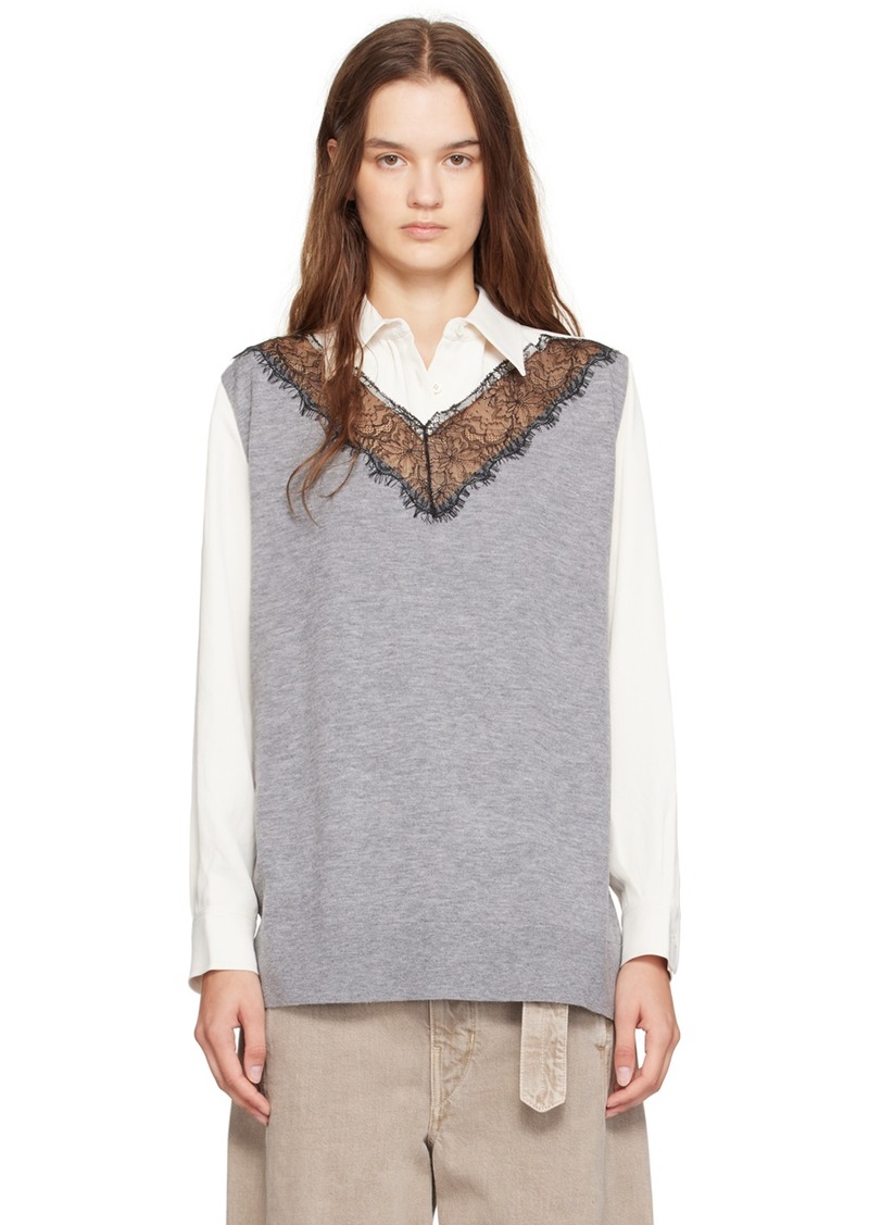 3.1 Phillip Lim Gray & Off-White Knit Combo Lace Long Sleeve Shirt