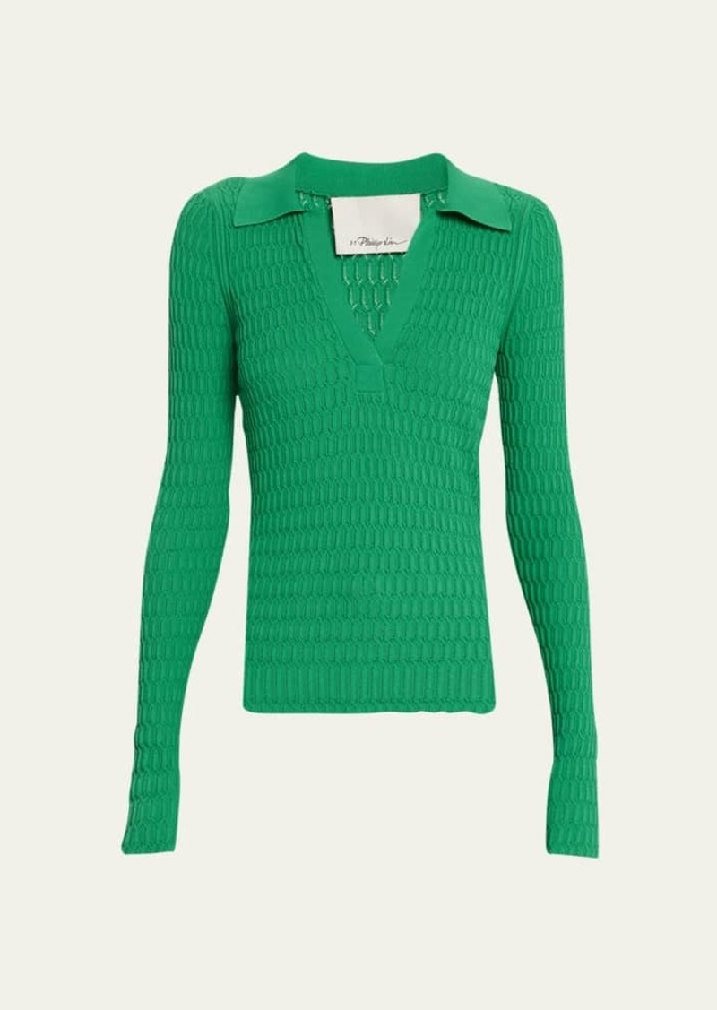 3.1 Phillip Lim Honeycomb Stitch Long-Sleeve Polo Top