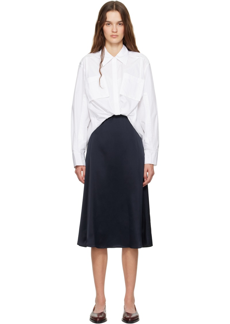 3.1 Phillip Lim White & Navy Draped Shirt Combo Slip Midi Dress