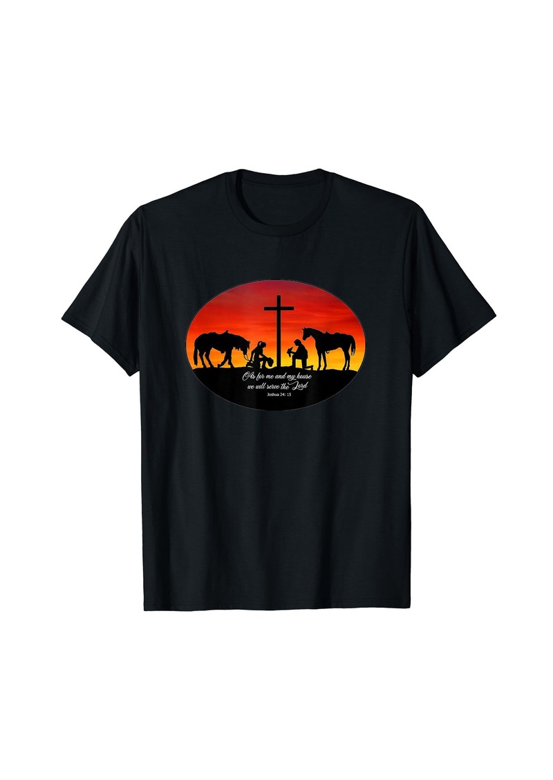 3sixteen 2 Cowhands praying at the Cross sunset. Christian Cowboy T-Shirt