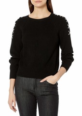 525 America Women's Lace Up Sleeve Crop Shaker Crew Sweater  L