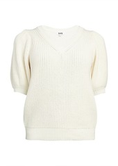 525 America Shaker-Stitch Short Puff-Sleeve Sweater