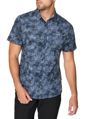 7 Diamonds Open Grid Geo Print Short Sleeve Stretch Button-Up Shirt in Charcoal at Nordstrom