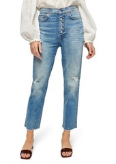 7 For All Mankind Distressed High Waist Exposed Button Fly Crop Jeans in Aquarius W/Destroy at Nordstrom