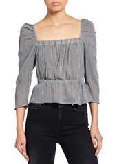 7 For All Mankind Gingham Square-Neck 3/4-Sleeve Peplum Top