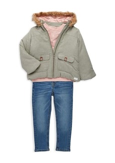 7 For All Mankind Little Girl's 3-Piece Faux Fur-Trim Hooded Jacket, Top & Jeans Set