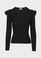 7 For All Mankind Long Sleeve Puff Shoulder Crewneck in Black