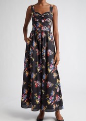 Adam Lippes Floral Print Bustier Bodice Cotton Voile Maxi Dress