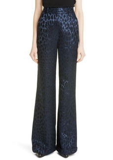 Adam Lippes Leopard Jacquard Wide Leg Wool Blend Trousers in Navy Multi at Nordstrom