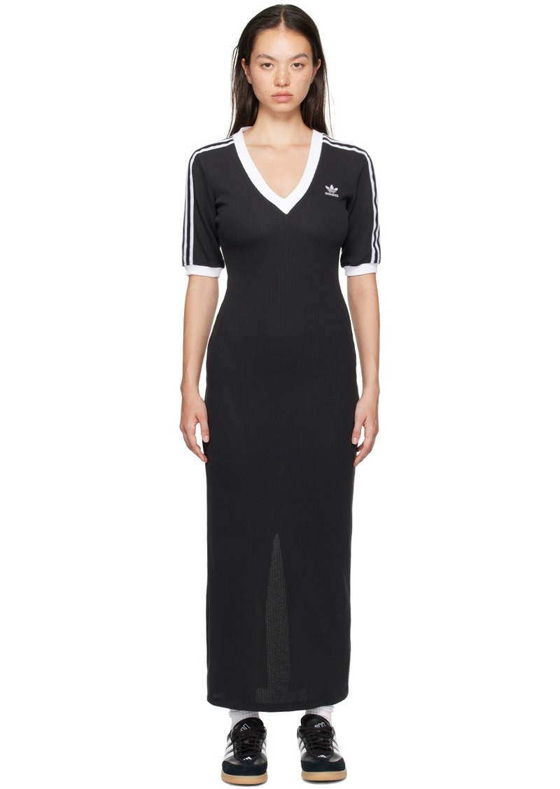 adidas Originals Black Adicolor 3-Stripes Knit V-Neck Maxi Dress