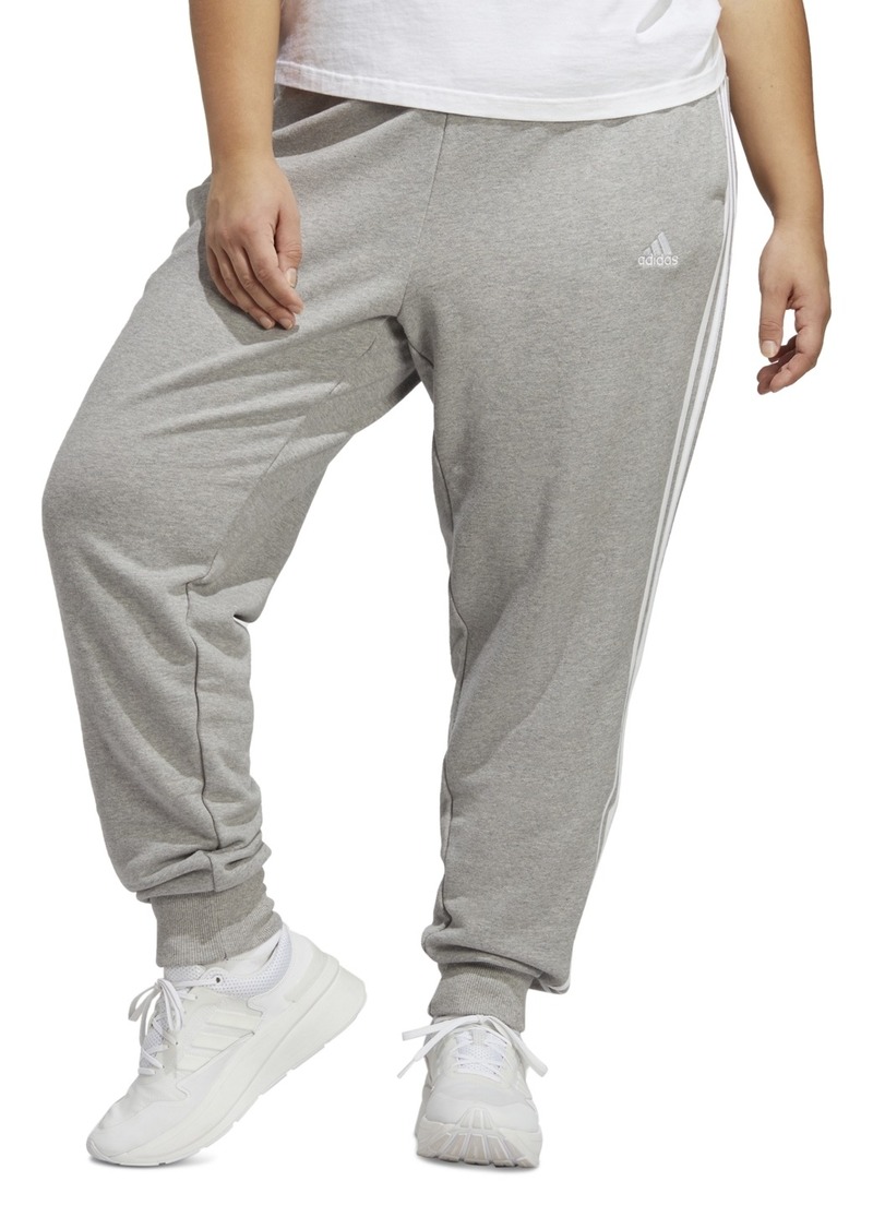 adidas Plus Size Essentials 3-Striped Cotton French Terry Cuffed Joggers - Medium Grey Heather/white