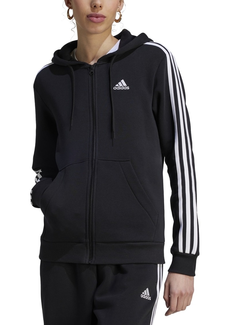 adidas Women's 3-Stripe Cotton Fleece Full-Zip Hoodie Sweatshirt - Black/white