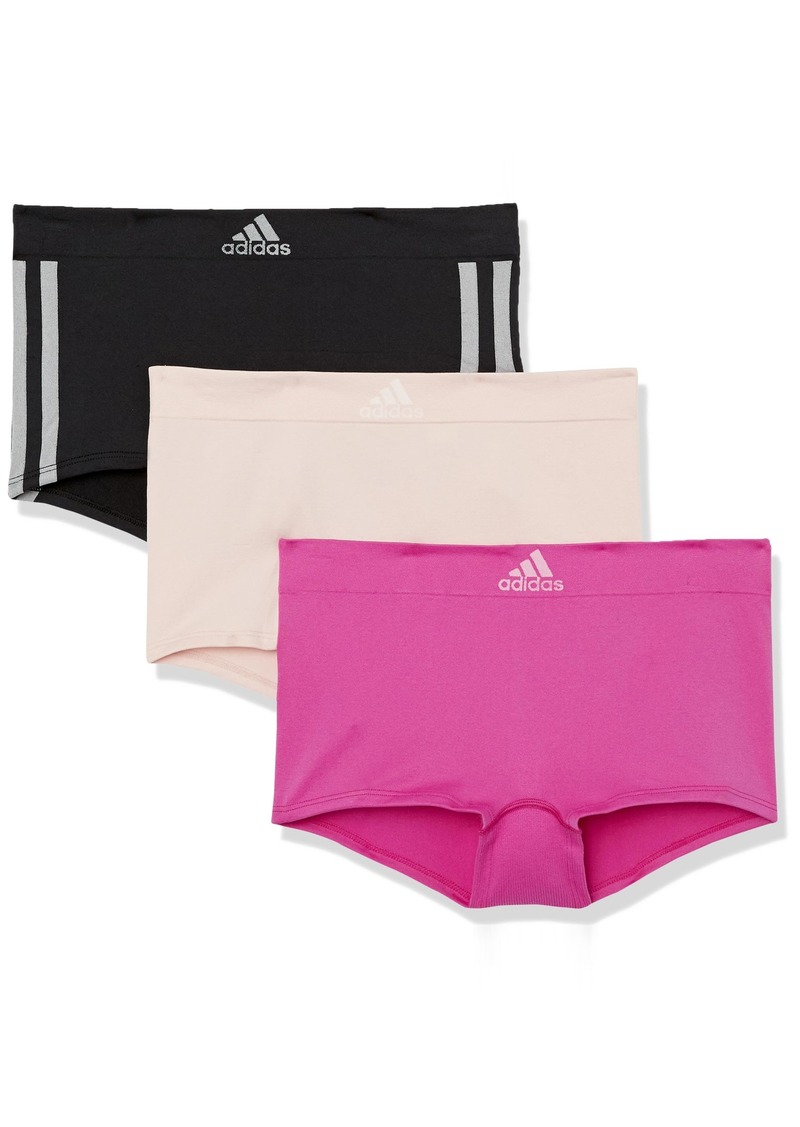 adidas Women's Seamless Boy Shorts Underwear 3-pack Black with Stripes/Peach Whip/Semi Lucid Fuchsia