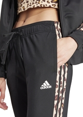 adidas Women's Tricot Tapered Animal-Print 3-Stripe Track Pants - Black