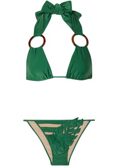 Adriana Degreas Woman + Cult Gaia Tulle-trimmed Appliquéd Triangle Bikini Forest Green