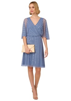 Adrianna Papell Bead Embellished Flutter-Sleeve A-Line Dress - French Blue