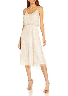Adrianna Papell Beaded Blouson Cocktail Midi Dress in Shell/Ivory at Nordstrom