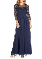 Adrianna Papell Beaded Bodice Three Quarter Sleeve Gown in Light Navy at Nordstrom