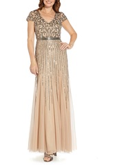 Adrianna Papell Beaded Godet Evening Gown in Nude at Nordstrom