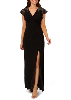 Adrianna Papell Beaded Jersey & Chiffon Faux Wrap Gown