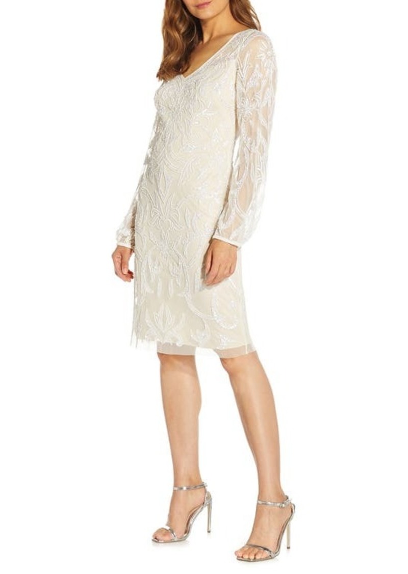 Adrianna Papell Beaded Long Sleeve Cocktail Sheath Dress in Ivory/Pearl at Nordstrom