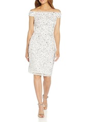 Adrianna Papell Beaded Off the Shoulder Mesh Cocktail Dress