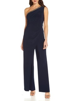 Adrianna Papell Beaded One-Shoulder Jersey Jumpsuit in Midnight at Nordstrom