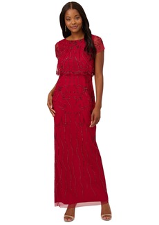 Adrianna Papell Beaded Scalloped-Popover Gown - Cranberry