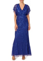 Adrianna Papell Beaded Sequin Surplice Trumpet Gown