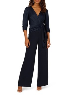 Adrianna Papell Belted Wide Leg Satin Crepe Jumpsuit