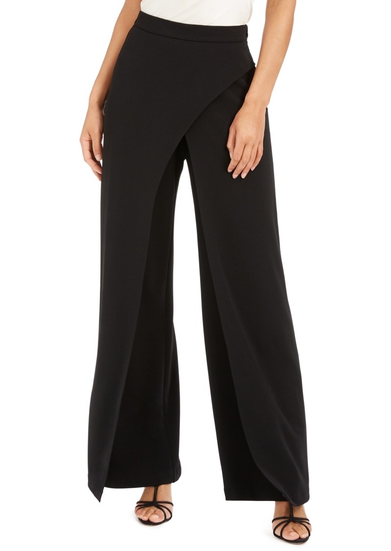 Adrianna Papell Crepe Draped-Front Wide-Leg Pants - Black