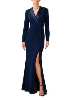 Adrianna Papell Crepe Long Sleeve Tuxedo Trumpet Gown