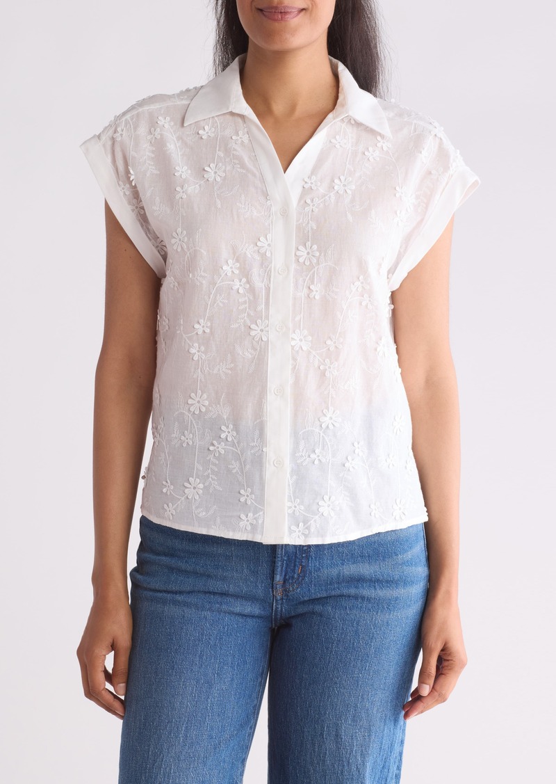 Adrianna Papell Embroidered Cotton Camp Shirt in White at Nordstrom Rack