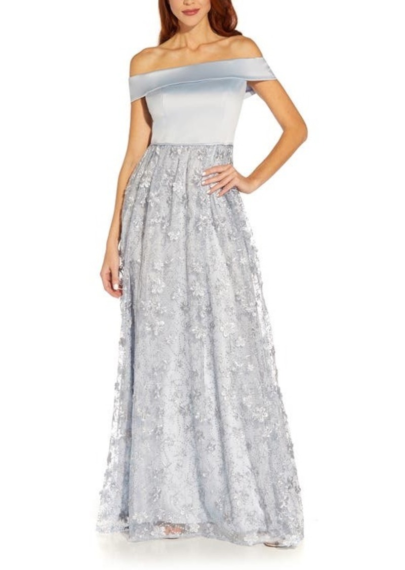 Adrianna Papell Embroidered Floral Off the Shoulder Gown